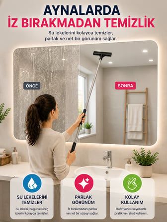 Teleskopik Cam ve Ayna Sileceği 80 cm Uzayabilir Saplı Duşakabin Balkon Cam Temizleyici Ev Tipi Evsel