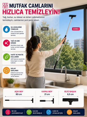 Teleskopik Cam ve Ayna Sileceği 80 cm Uzayabilir Saplı Duşakabin Balkon Cam Temizleyici Ev Tipi Evsel