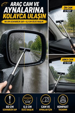 Araç Cam ve Ayna Temizleme Aparatı 80 cm Teleskopik Uzayabilir Saplı Oto Cam Sileceği Seti