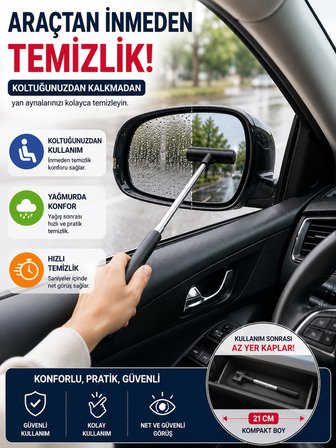 Araç Cam ve Ayna Temizleme Aparatı 80 cm Teleskopik Uzayabilir Saplı Oto Cam Sileceği Seti