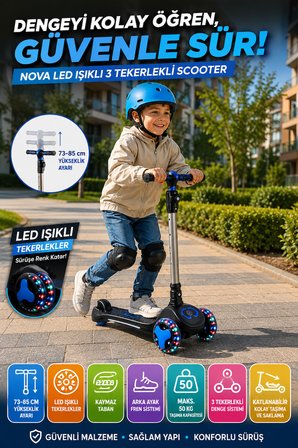 Nova LED Işıklı 3 Tekerlekli Çocuk Scooter Ayarlanabilir Gidonlu Kaymaz Tabanlı 50 Kg Mavi