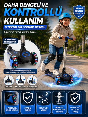 Nova LED Işıklı 3 Tekerlekli Çocuk Scooter Ayarlanabilir Gidonlu Kaymaz Tabanlı 50 Kg Mavi
