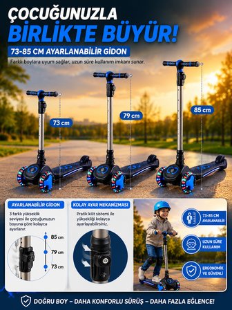 Nova LED Işıklı 3 Tekerlekli Çocuk Scooter Ayarlanabilir Gidonlu Kaymaz Tabanlı 50 Kg Mavi