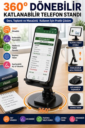 360° Dönebilir Katlanabilir Telefon ve Tablet Standı Masaüstü Tutucu Ofis Ders Toplantı Aparatı