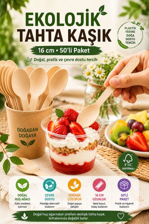 50'li Ekolojik Tahta Kaşık 16 cm Doğal Huş Ağacı Kullan At Davet Parti Organizasyon Seti