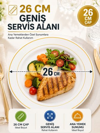 6'lı Altın Yaldızlı Plastik Tabak 26 Cm Porselen Görünümlü Kullan At Parti Davet Servis Tabağı