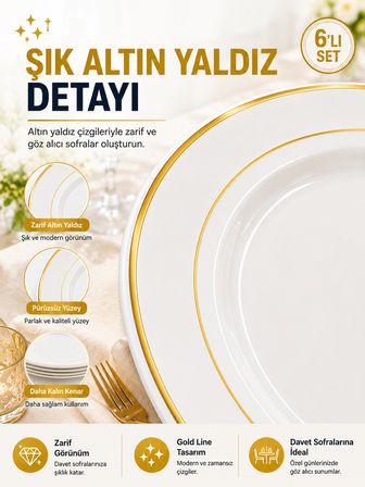 6'lı Altın Yaldızlı Plastik Tabak 26 Cm Porselen Görünümlü Kullan At Parti Davet Servis Tabağı