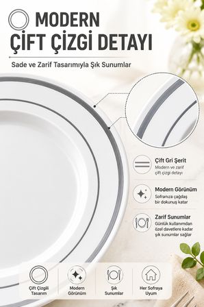 6'lı Set I Gri Çift Çizgili 26 CM Plastik Tabak Porselen Görünümlü Davet ve Misafir Sofraları
