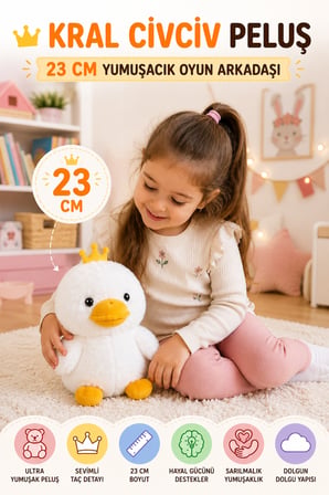 23 Cm Taçlı Beyaz Civciv Peluş Oyuncak Yumuşak Dolgulu Sevimli Çocuk Oyun Arkadaşı Dekor