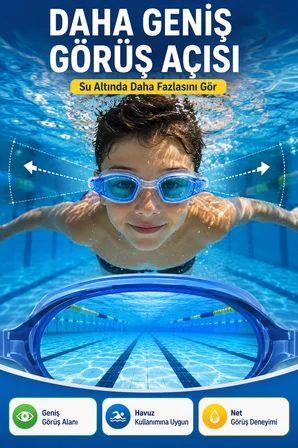 Vakumlu Sporcu Yüzücü Gözlüğü 8+ Yaş Ayarlanabilir Kayışlı Havuz Deniz Kullanımına Uygun Mavi