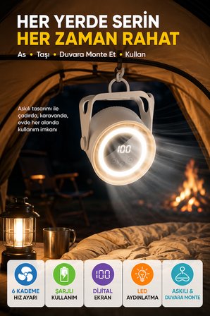 6 Kademeli Şarjlı Masaüstü Fan Dijital Ekranlı LED Işıklı Duvara Monte Askılı Mini Fan K6 Model