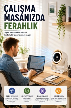 6 Kademeli Şarjlı Masaüstü Fan Dijital Ekranlı LED Işıklı Duvara Monte Askılı Mini Fan K6 Model