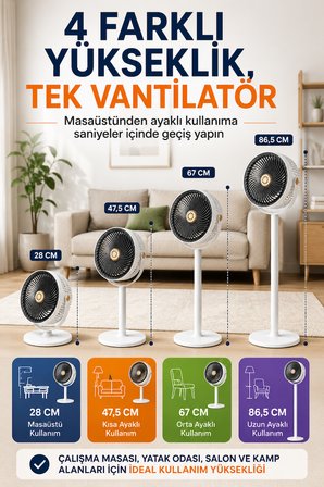 5 Kademeli 4 Farklı Yükseklik Ayarlı Standlı Vantilatör Masaüstü ve Ayaklı Fan Taşınabilir Sessiz