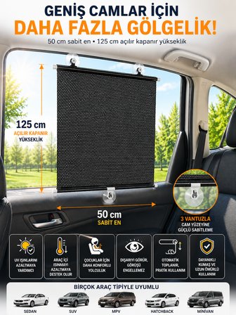 Araç Yan Cam Güneşliği Stor 50x125 cm 3 Vantuzlu Otomatik Toplanan Oto Cam Gölgelik Perde UV