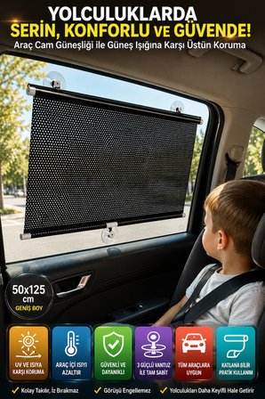 2 Adet Araç Yan Cam Güneşliği Stor 50x125 cm 3 Vantuzlu Otomatik Toplanan Oto Cam Gölgelik Perde UV
