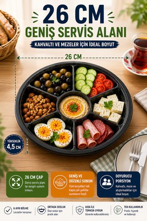 7 Bölmeli Kahvaltı Meze Kabı Kapaklı 26 cm Tek Kullanımlık Salata Sunum ve Paket Servis Kabı Seti