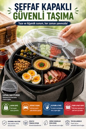7 Bölmeli Kahvaltı Meze Kabı Kapaklı 26 cm Tek Kullanımlık Salata Sunum ve Paket Servis Kabı Seti