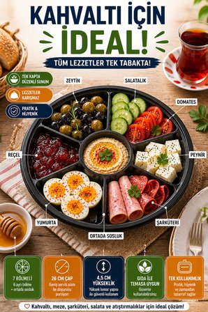 7 Bölmeli Kahvaltı Meze Kabı Kapaklı 26 cm Tek Kullanımlık Salata Sunum ve Paket Servis Kabı Seti