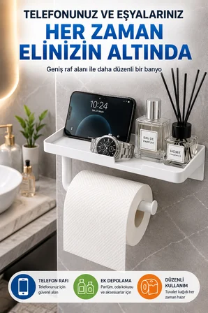 Beyaz Yapışkanlı Raflı Tuvalet Kağıdı Askılığı Delmeden Montaj Banyo Organizer Telefon Rafı Askısı