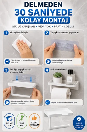 Beyaz Yapışkanlı Raflı Tuvalet Kağıdı Askılığı Delmeden Montaj Banyo Organizer Telefon Rafı Askısı