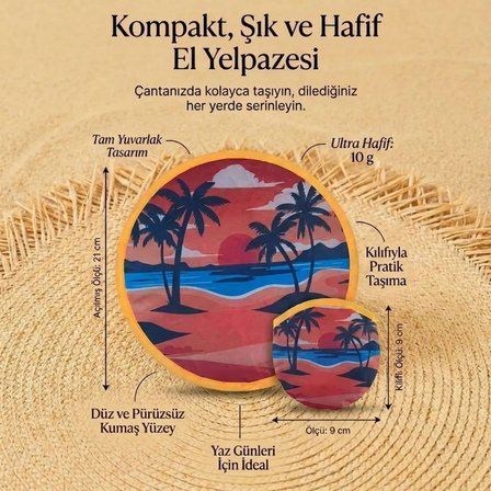 2'li Gün Batımı Palmiye Desenli Katlanabilir El Yelpazesi Kılıflı Yuvarlak Cep Yelpazesi Pratik