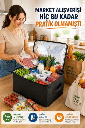 32 Litre Termal Taşıma Çantası Araç Bagaj Organizeri Katlanabilir Keçe Soğuk Sıcak Saklama Çanta