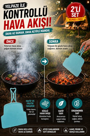 2'li Set Mangal Yelpazesi ve Izgara Temizlik Fırçası Kamp Piknik Barbekü Mangal Aksesuarı Pratik