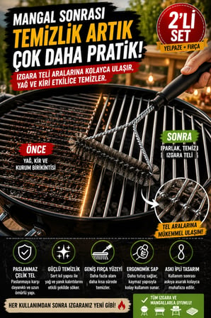 2'li Set Mangal Yelpazesi ve Izgara Temizlik Fırçası Kamp Piknik Barbekü Mangal Aksesuarı Pratik