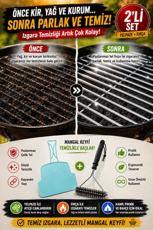 2'li Set Mangal Yelpazesi ve Izgara Temizlik Fırçası Kamp Piknik Barbekü Mangal Aksesuarı Pratik