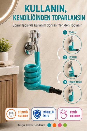 WC Hortummatik 100 CM Yere Değmeyen Otomatik Katlanan Spiral WC Taharet Musluğu Hortumu Karışık Renk