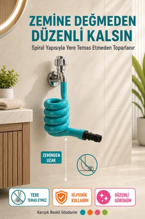 WC Hortummatik 100 CM Yere Değmeyen Otomatik Katlanan Spiral WC Taharet Musluğu Hortumu Karışık Renk