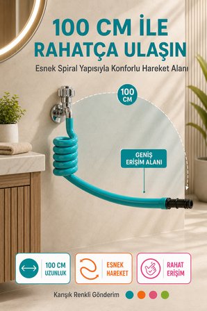WC Hortummatik 100 CM Yere Değmeyen Otomatik Katlanan Spiral WC Taharet Musluğu Hortumu Karışık Renk