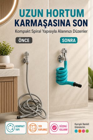WC Hortummatik 100 CM Yere Değmeyen Otomatik Katlanan Spiral WC Taharet Musluğu Hortumu Karışık Renk