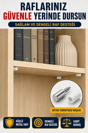 60'lı Metal Raf Tutucu Pimi ve Beyaz Koruyucu Kapak Dolap Kitaplık Mobilya Raf Destek Seti 120 Parça