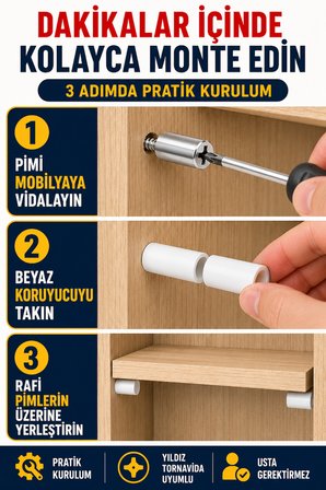 60'lı Metal Raf Tutucu Pimi ve Beyaz Koruyucu Kapak Dolap Kitaplık Mobilya Raf Destek Seti 120 Parça