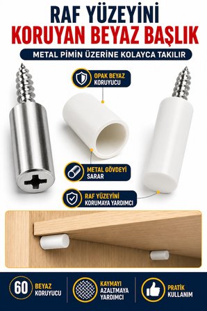 60'lı Metal Raf Tutucu Pimi ve Beyaz Koruyucu Kapak Dolap Kitaplık Mobilya Raf Destek Seti 120 Parça