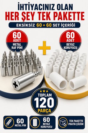 60'lı Metal Raf Tutucu Pimi ve Beyaz Koruyucu Kapak Dolap Kitaplık Mobilya Raf Destek Seti 120 Parça