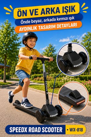 Antrasit Işıklı Müzikli Speedx Road Scooter WX-818 3 Tekerlekli Çocuk Scooterı Geniş Dokulu Taban 