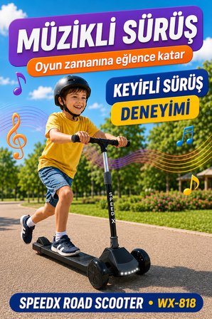 Antrasit Işıklı Müzikli Speedx Road Scooter WX-818 3 Tekerlekli Çocuk Scooterı Geniş Dokulu Taban 