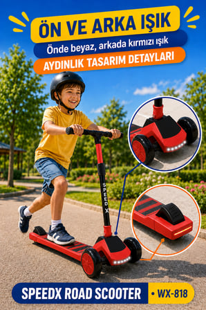 Kırmızı Işıklı Müzikli Speedx Road Scooter WX-818 3 Tekerlekli Çocuk Scooterı Geniş Dokulu Taban 
