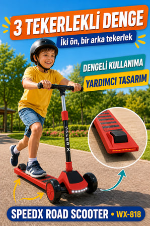Kırmızı Işıklı Müzikli Speedx Road Scooter WX-818 3 Tekerlekli Çocuk Scooterı Geniş Dokulu Taban 