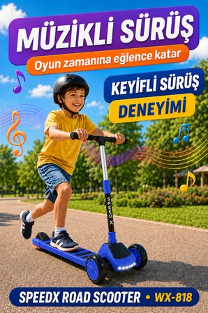 Mavi Işıklı Müzikli Speedx Road Scooter WX-818 3 Tekerlekli Çocuk Scooterı Geniş Dokulu Taban 