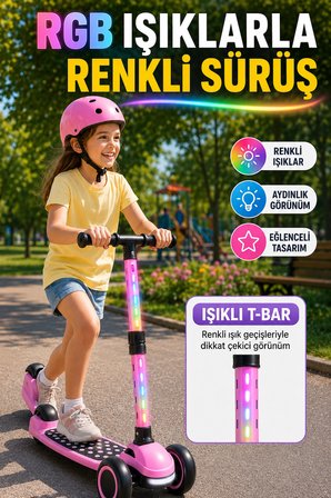 Pembe Speedx WX-817 RGB Işıklı Müzikli Çocuk Scooter Ayarlanabilir Alüminyum T-Bar Tekerlekli Frenli