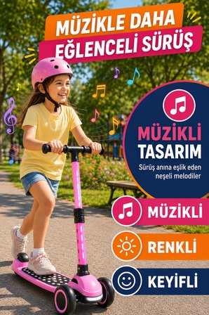 Pembe Speedx WX-817 RGB Işıklı Müzikli Çocuk Scooter Ayarlanabilir Alüminyum T-Bar Tekerlekli Frenli