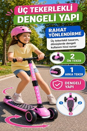 Pembe Speedx WX-817 RGB Işıklı Müzikli Çocuk Scooter Ayarlanabilir Alüminyum T-Bar Tekerlekli Frenli
