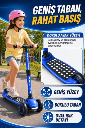 Mavi Speedx WX-817 RGB Işıklı Müzikli Çocuk Scooter Ayarlanabilir Alüminyum T-Bar Tekerlekli Frenli