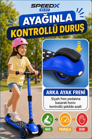 Mavi Speedx WX-817 RGB Işıklı Müzikli Çocuk Scooter Ayarlanabilir Alüminyum T-Bar Tekerlekli Frenli