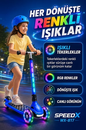 Mavi Speedx WX-817 RGB Işıklı Müzikli Çocuk Scooter Ayarlanabilir Alüminyum T-Bar Tekerlekli Frenli