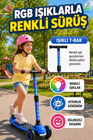 Mavi Speedx WX-817 RGB Işıklı Müzikli Çocuk Scooter Ayarlanabilir Alüminyum T-Bar Tekerlekli Frenli