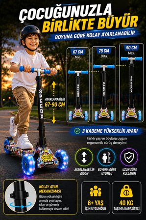 Mavi Tekerlekli Işıklı SpeedX Teen Scooter WX-891 3 Tekerlekli Ayarlanabilir Gidonlu Çocuk Scooter